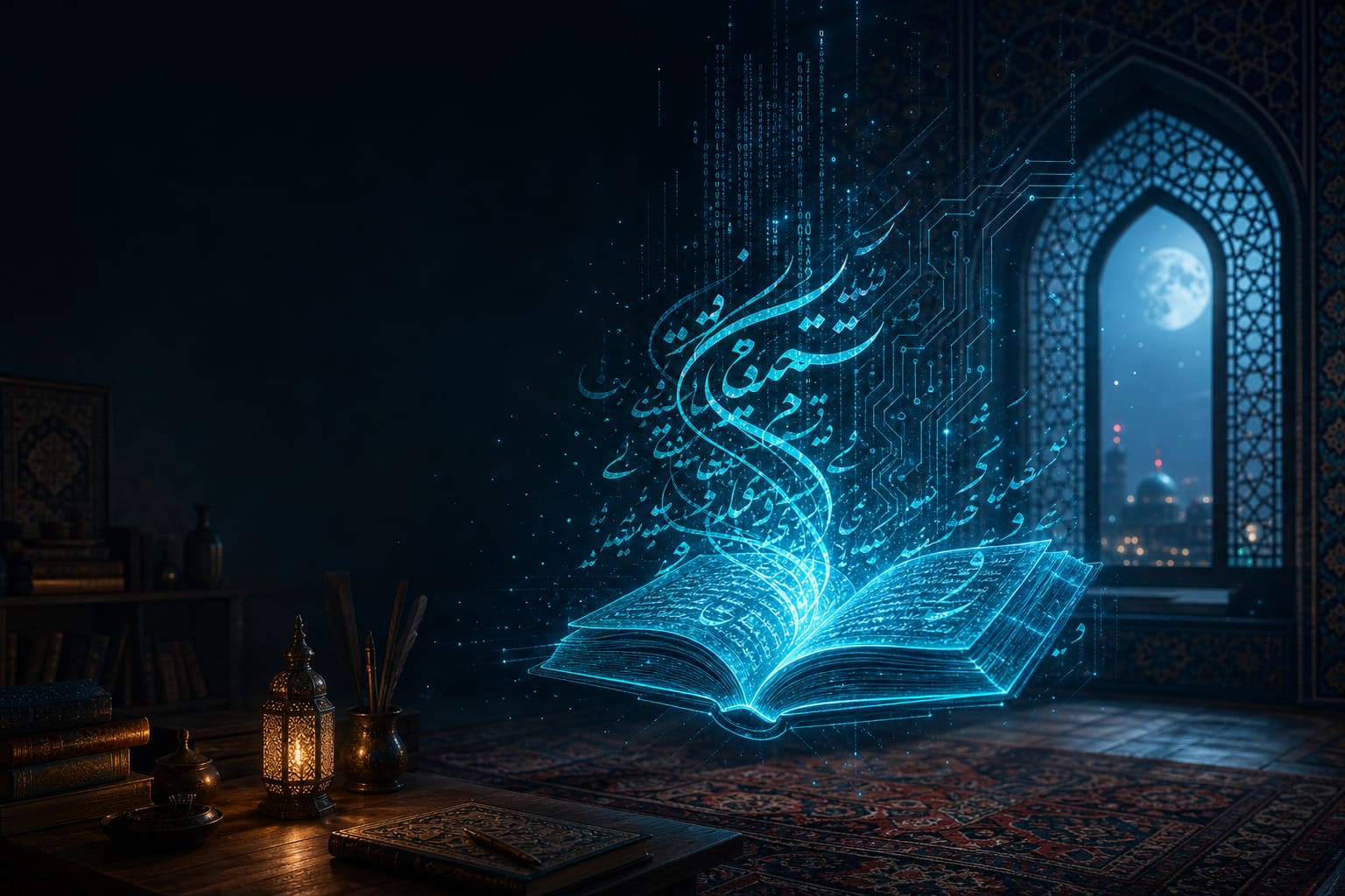 کتاب باز نورانی با خطاطی نستعلیق ایرانی و خطوط کد در فضای مطالعهٔ سنتی