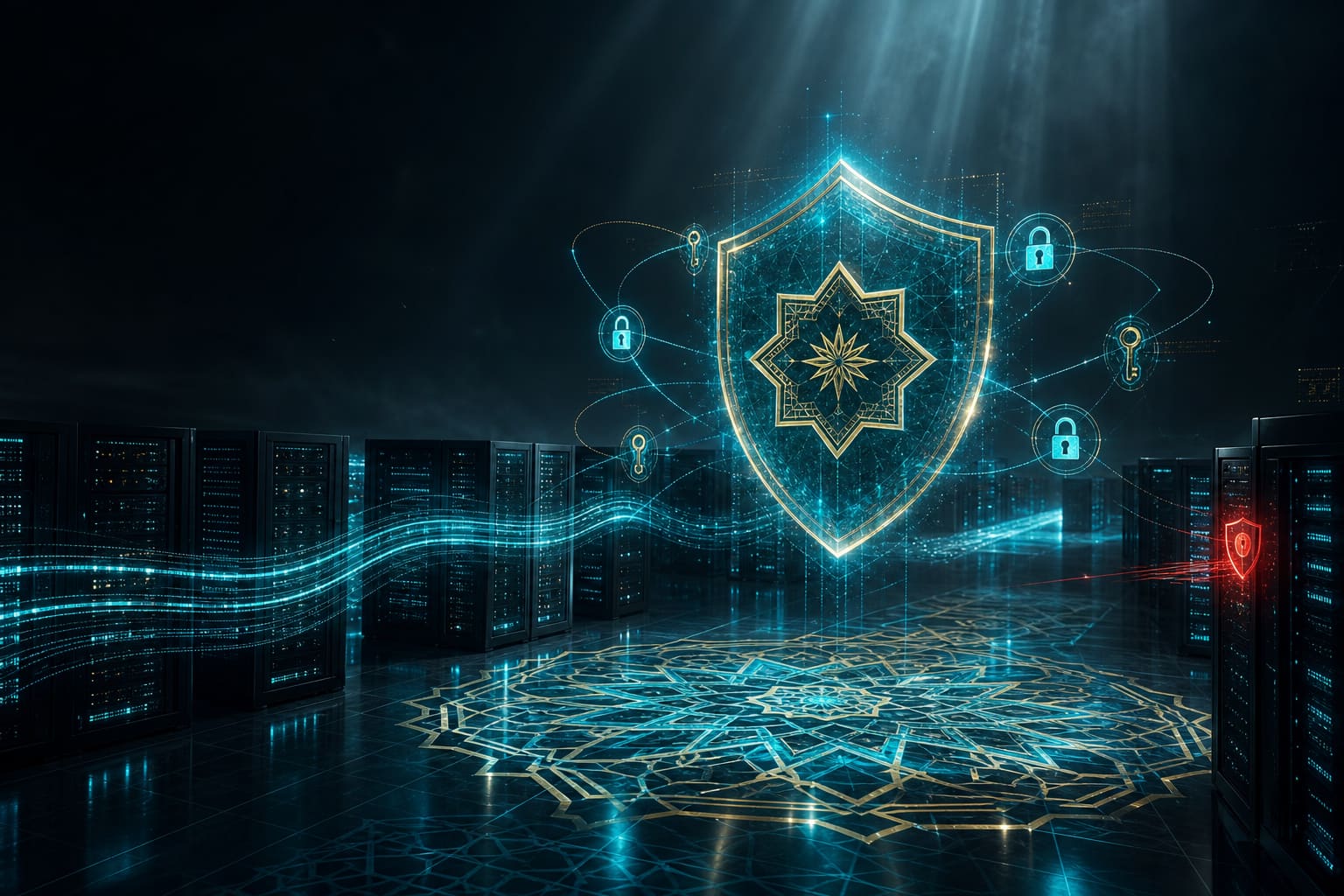 سپر امنیتی هولوگرافیک با نشان شمسه روی سالن سرور