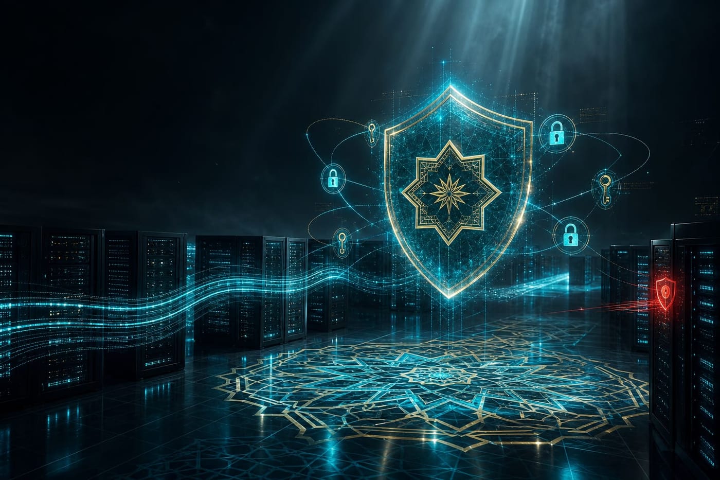 سپر امنیتی هولوگرافیک با نشان شمسه روی سالن سرور